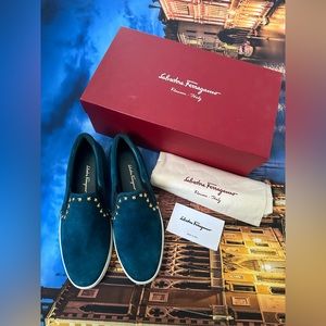 Salvadore Ferragamo Slip on Sneakers Studded Shoes Spargi Turquoise teal $525